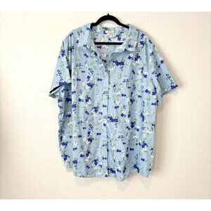 Woman Within 3X Blue Floral Cotton Blend Button Up Short Sleeve Shirt Top